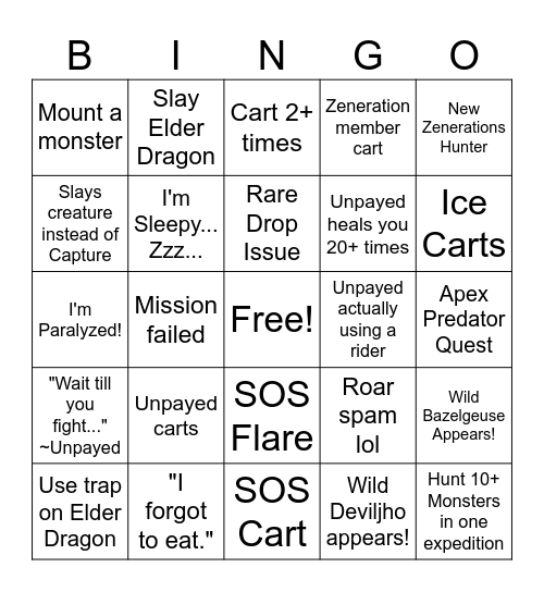 Zeneration MHW Bingo Card