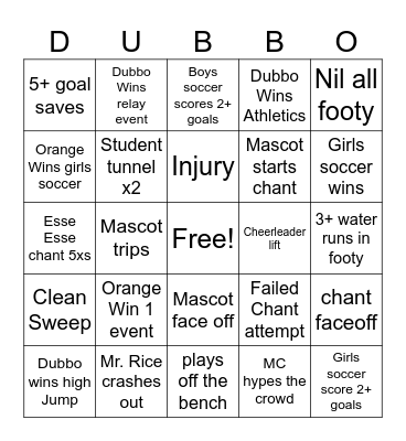 Astley Cup Bingo: Dubbo Vs. Orange Bingo Card