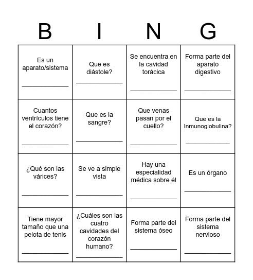Cuerpo Humano Bingo Card