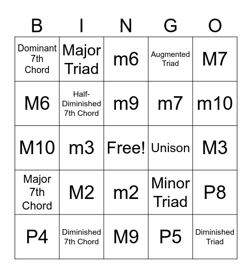 Interval and Chord Bingo Card