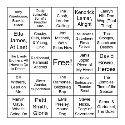 Round 2: Rolling Stone Top 500 Bingo Card