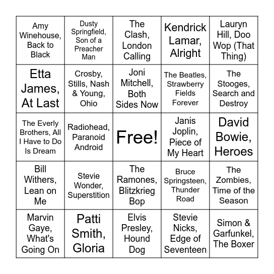 Round 2: Rolling Stone Top 500 Bingo Card