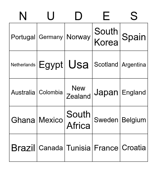 World Cup Nudes Bingo Card