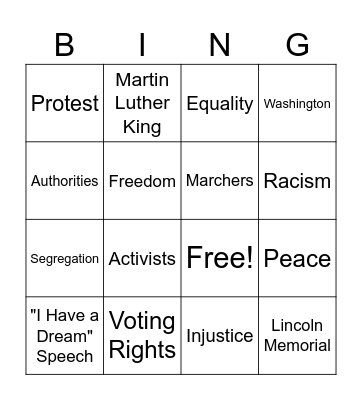 The 1963 Washington Protest March Bingo Card