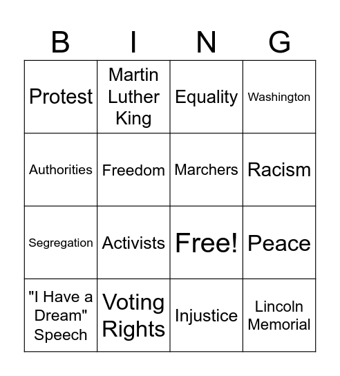 The 1963 Washington Protest March Bingo Card