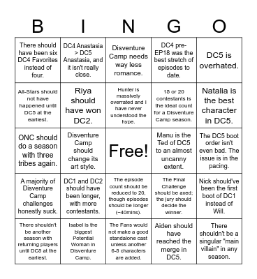 RQ's Hot Takes Bingo Card