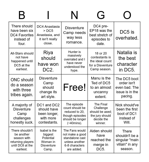 RQ's Hot Takes Bingo Card