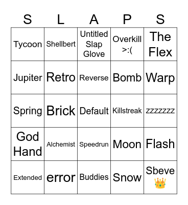 Slap Battles Bingo (Gloves) Bingo Card