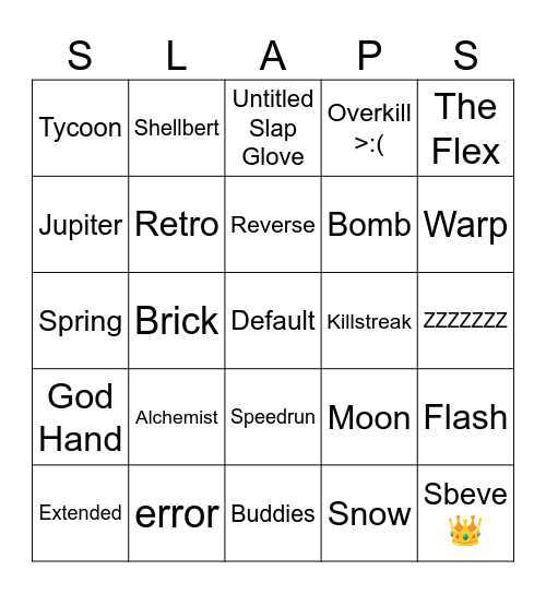 Slap Battles Bingo (Gloves) Bingo Card