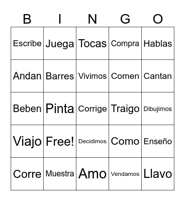 Present Tense Verbs Bingo Card