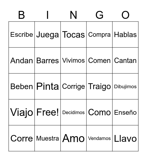 Present Tense Verbs Bingo Card