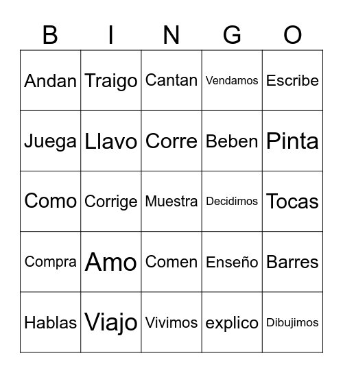 Present Tense Verbs Bingo Card
