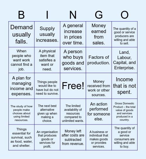 Economic Bingo Card