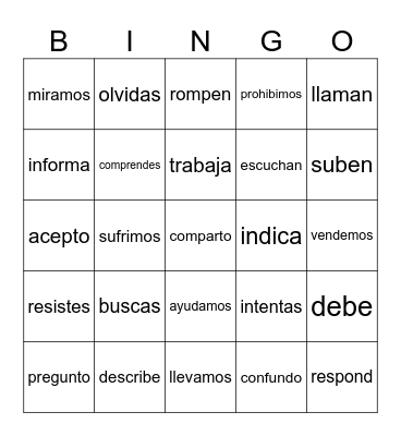 Present Tense Verbs Bingo Card