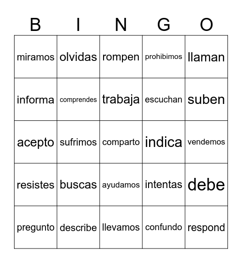 Present Tense Verbs Bingo Card