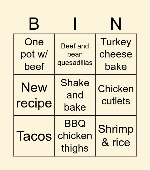 Summer Meals Bingo Card