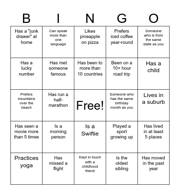 Getting To Know You Bingo Card