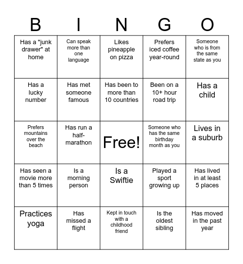 Getting To Know You Bingo Card