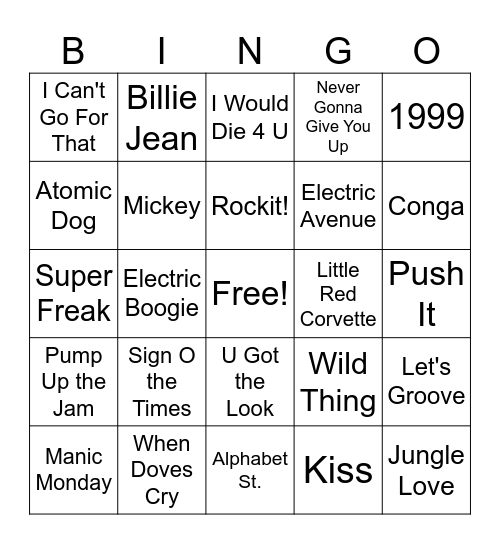 80's Purple Rain Bingo Card