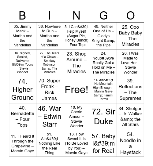 Motown Hits Bingo Card