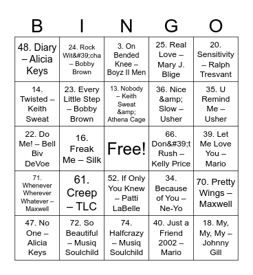 R&B and Soul Bingo Card