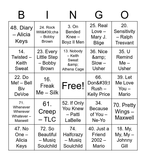 R&B and Soul Bingo Card