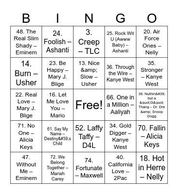 Hip-Hop and R&B Bingo Card