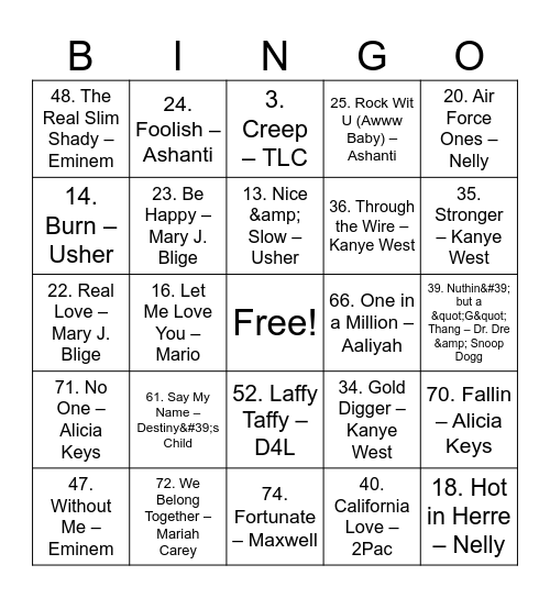 Hip-Hop and R&B Bingo Card