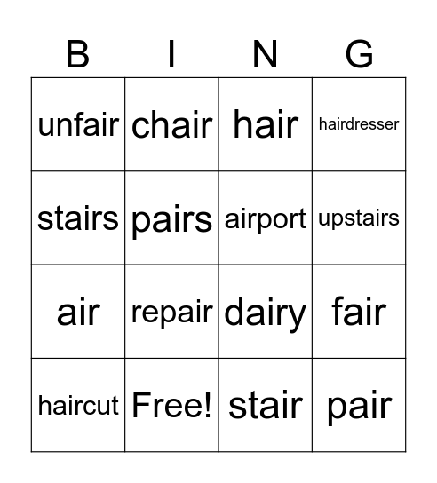 phonics AIR sound Bingo Card