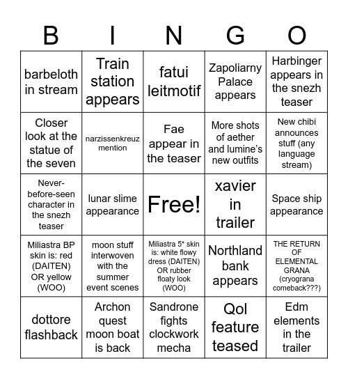 6.7 Livestream Predictions Bingo Card