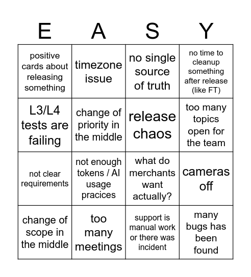 Portal Retro meeting Bingo Card