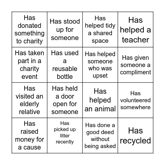 Tikkun Olam Bingo Card