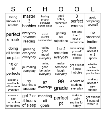 my skool goalz bingo Card