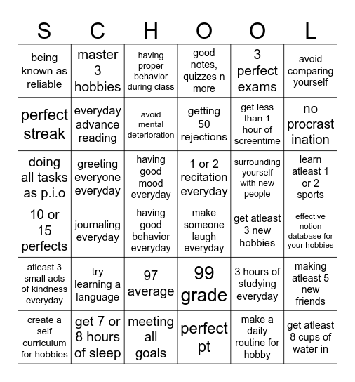 my skool goalz bingo Card