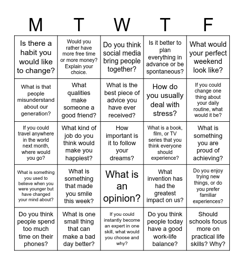 Warm-Up Bingo Card