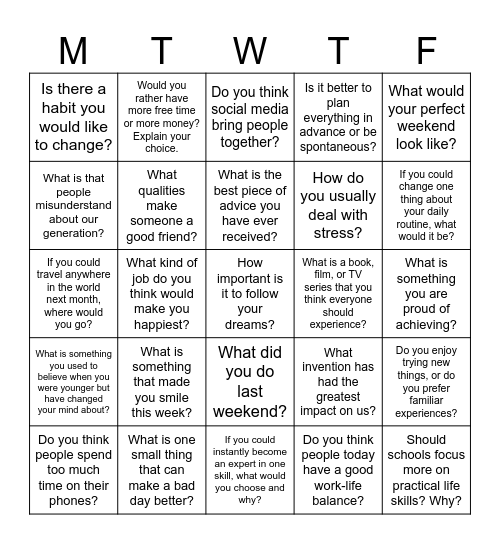 Warm-Up Bingo Card
