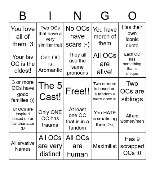 𝐎𝐂 𝐁𝐈𝐍𝐆𝐎 Bingo Card