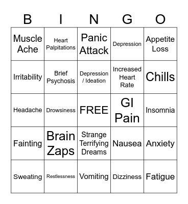 Venlafaxine Withdrawal Bingo Card