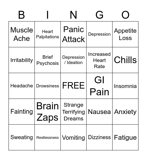 Venlafaxine Withdrawal Bingo Card