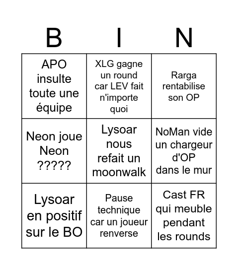 XLG vs LEV Bingo Card