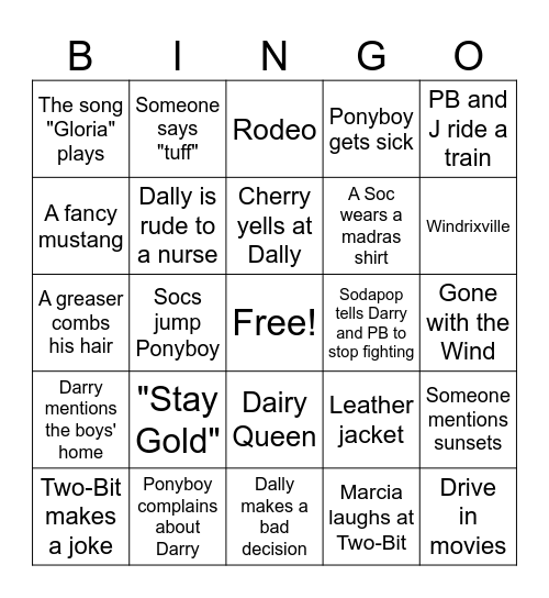 The Outsiders Bingo Card