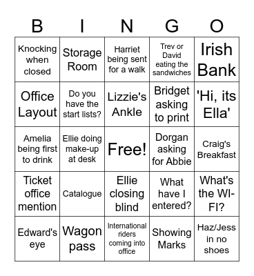 Hickstead Office Bingo Card