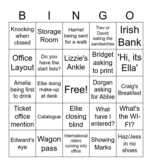 Hickstead Office Bingo Card