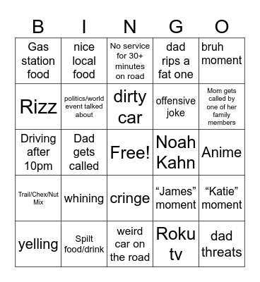 Road Trip Bingo Card