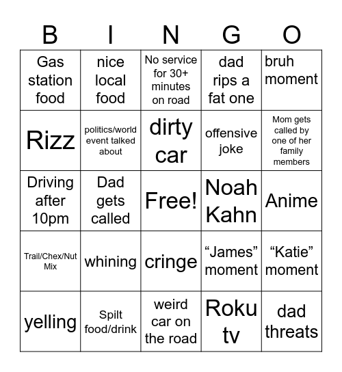 Road Trip Bingo Card