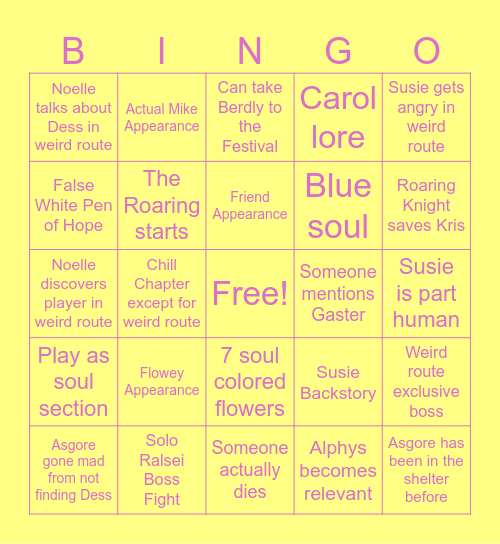 Deltarune Chapter 5 Bingo Card