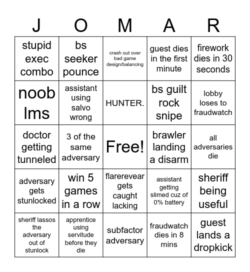 Jomer Bingo Card