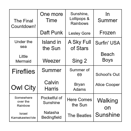 SUMMER MUSIC BINGO! Bingo Card