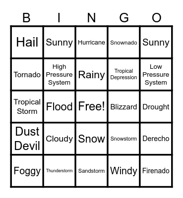 Weather Events Bingo Card