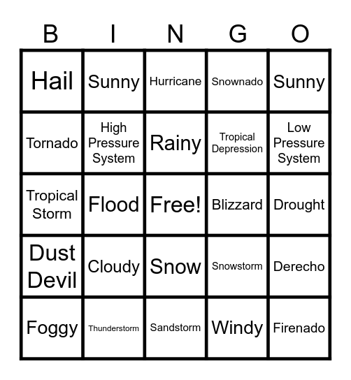 Weather Events Bingo Card